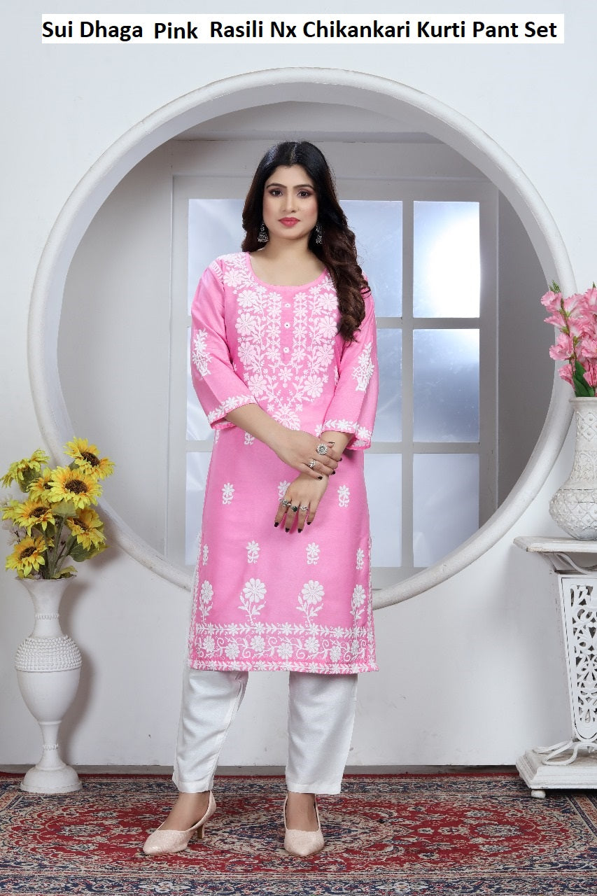 Sui Dhaga Pink Rasili Nx Chikankari Kurti Pant Set