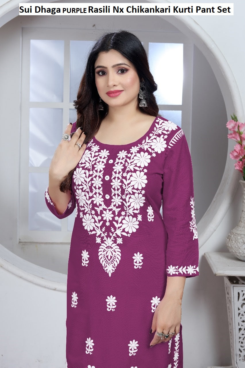 Sui Dhaga Purple Rasili Nx Chikankari Kurti Pant Set