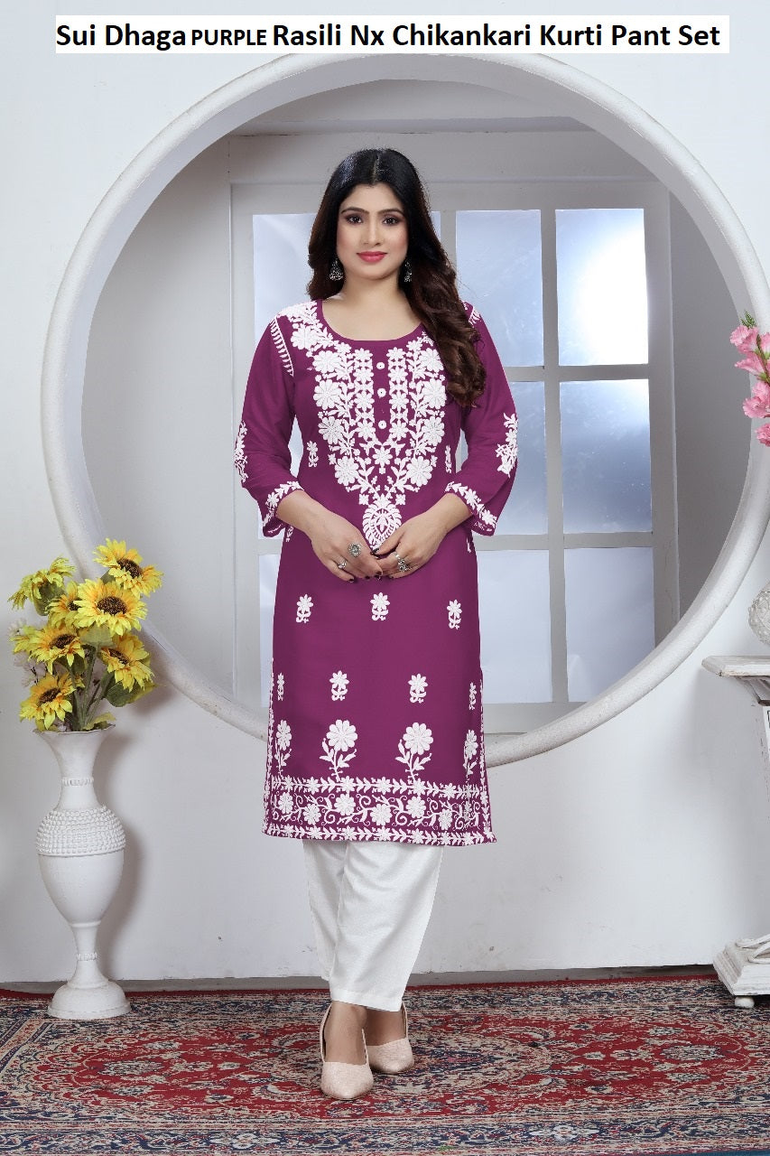 Sui Dhaga Purple Rasili Nx Chikankari Kurti Pant Set