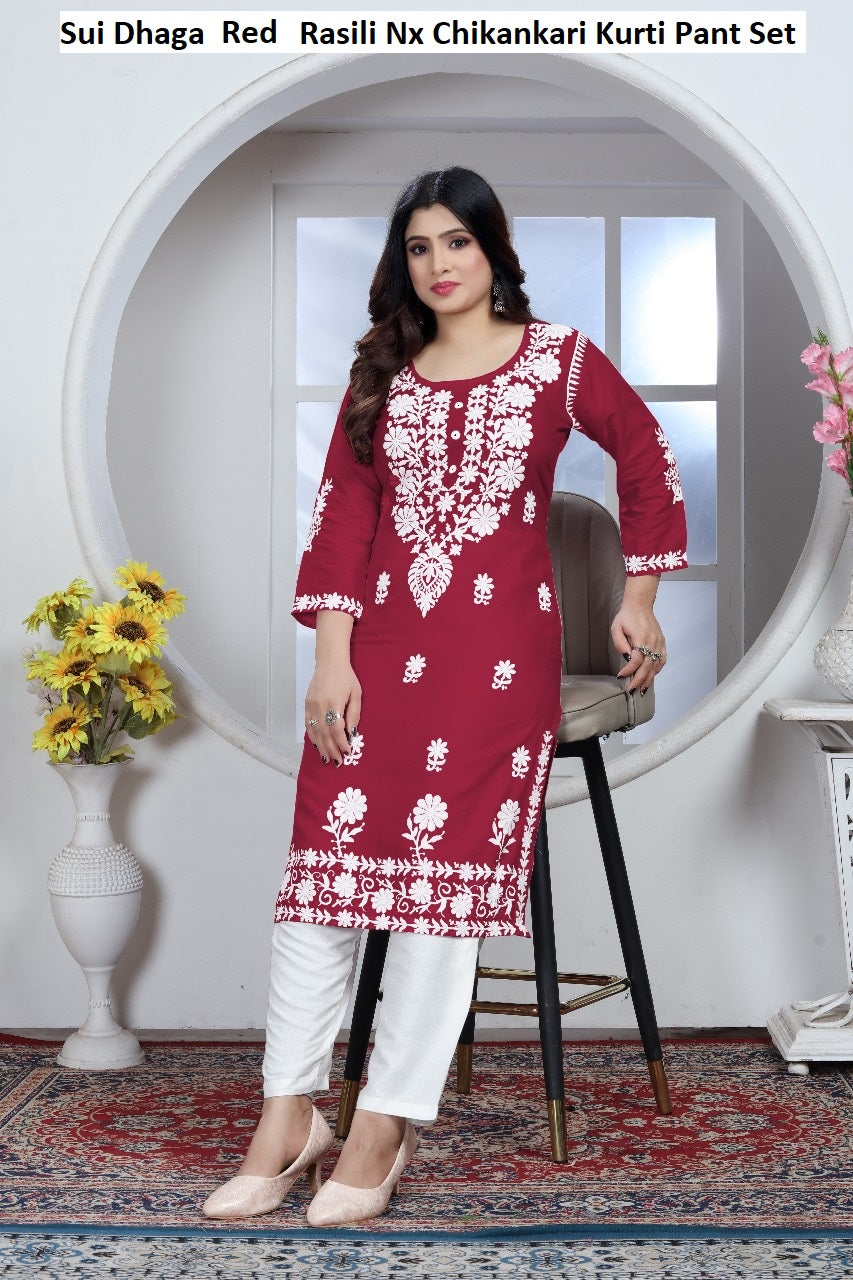 Sui Dhaga Red Rasili Nx Chikankari Kurti Pant Set