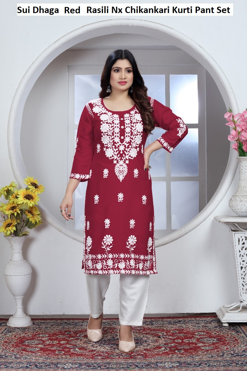 Sui Dhaga Red Rasili Nx Chikankari Kurti Pant Set