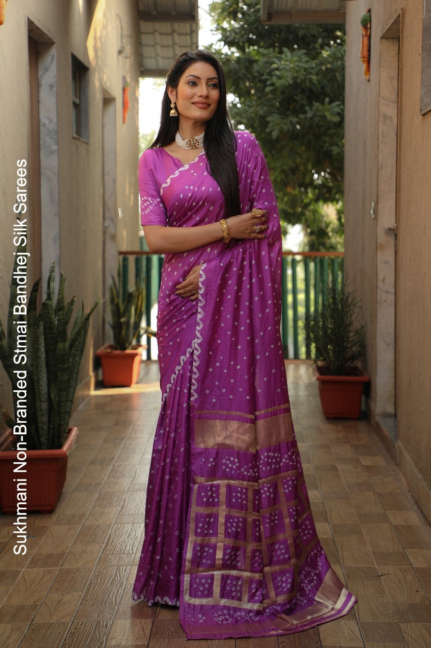 Sukhmani Non-Branded Stmai Bandhej Silk Sarees