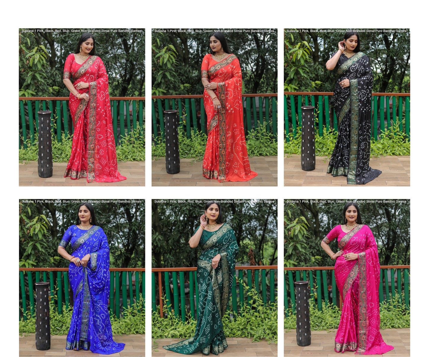 Sulaxna 1 Pink, Black, Red, Blue, Green Non-Branded Stmai Pure Bandhej Sarees