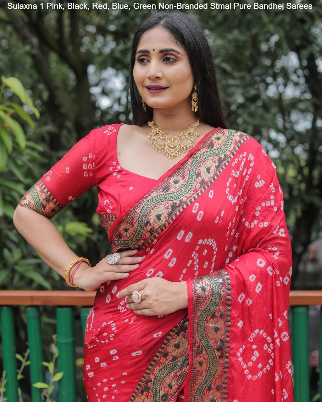 Sulaxna 1 Pink, Black, Red, Blue, Green Non-Branded Stmai Pure Bandhej Sarees