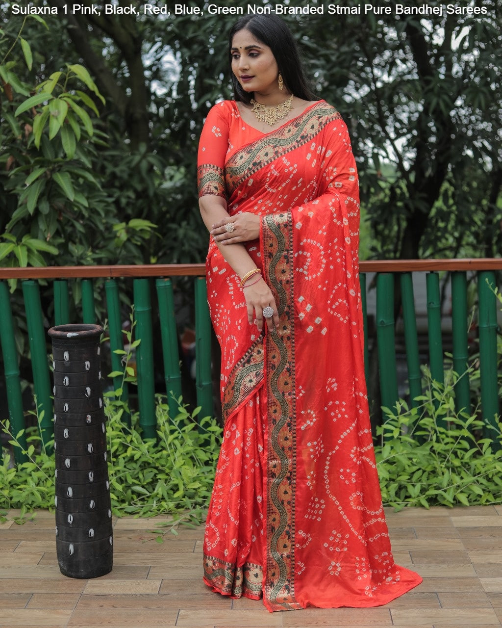 Sulaxna 1 Pink, Black, Red, Blue, Green Non-Branded Stmai Pure Bandhej Sarees
