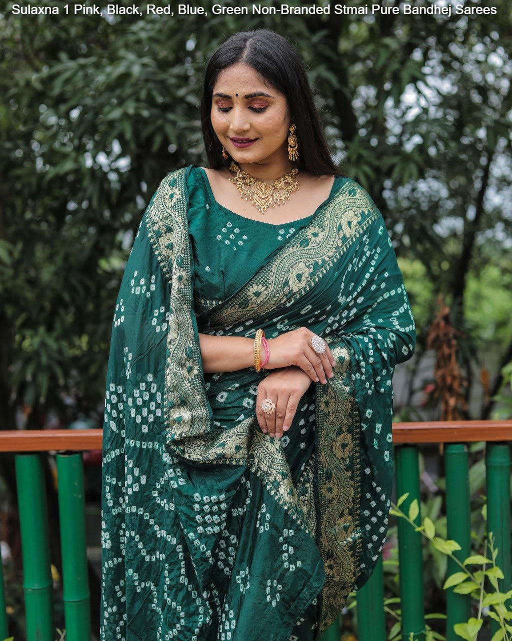 Sulaxna 1 Pink, Black, Red, Blue, Green Non-Branded Stmai Pure Bandhej Sarees