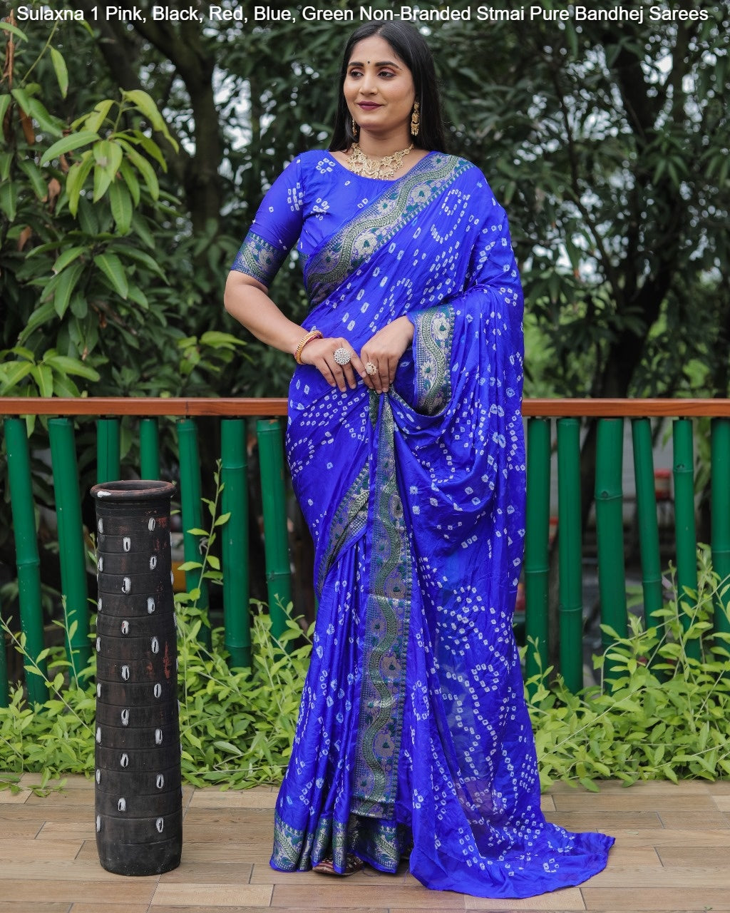 Sulaxna 1 Pink, Black, Red, Blue, Green Non-Branded Stmai Pure Bandhej Sarees