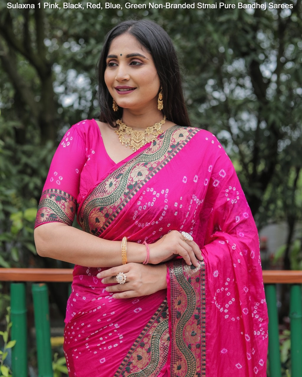 Sulaxna 1 Pink, Black, Red, Blue, Green Non-Branded Stmai Pure Bandhej Sarees
