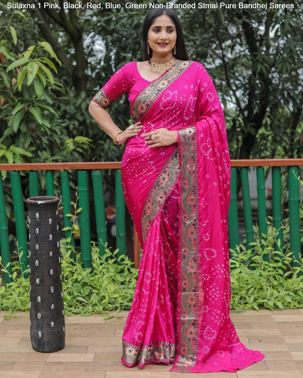 Sulaxna 1 Pink, Black, Red, Blue, Green Non-Branded Stmai Pure Bandhej Sarees