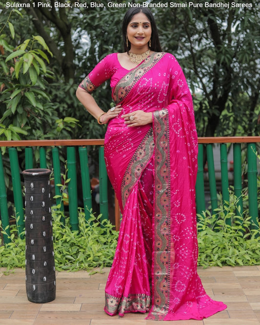 Sulaxna 1 Pink, Black, Red, Blue, Green Non-Branded Stmai Pure Bandhej Sarees