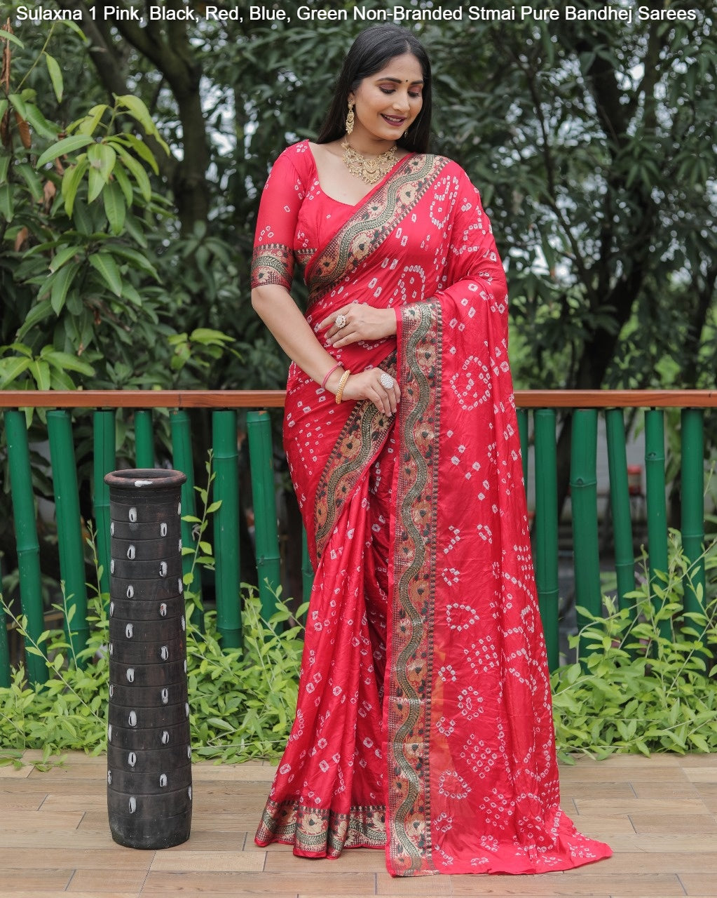Sulaxna 1 Pink, Black, Red, Blue, Green Non-Branded Stmai Pure Bandhej Sarees