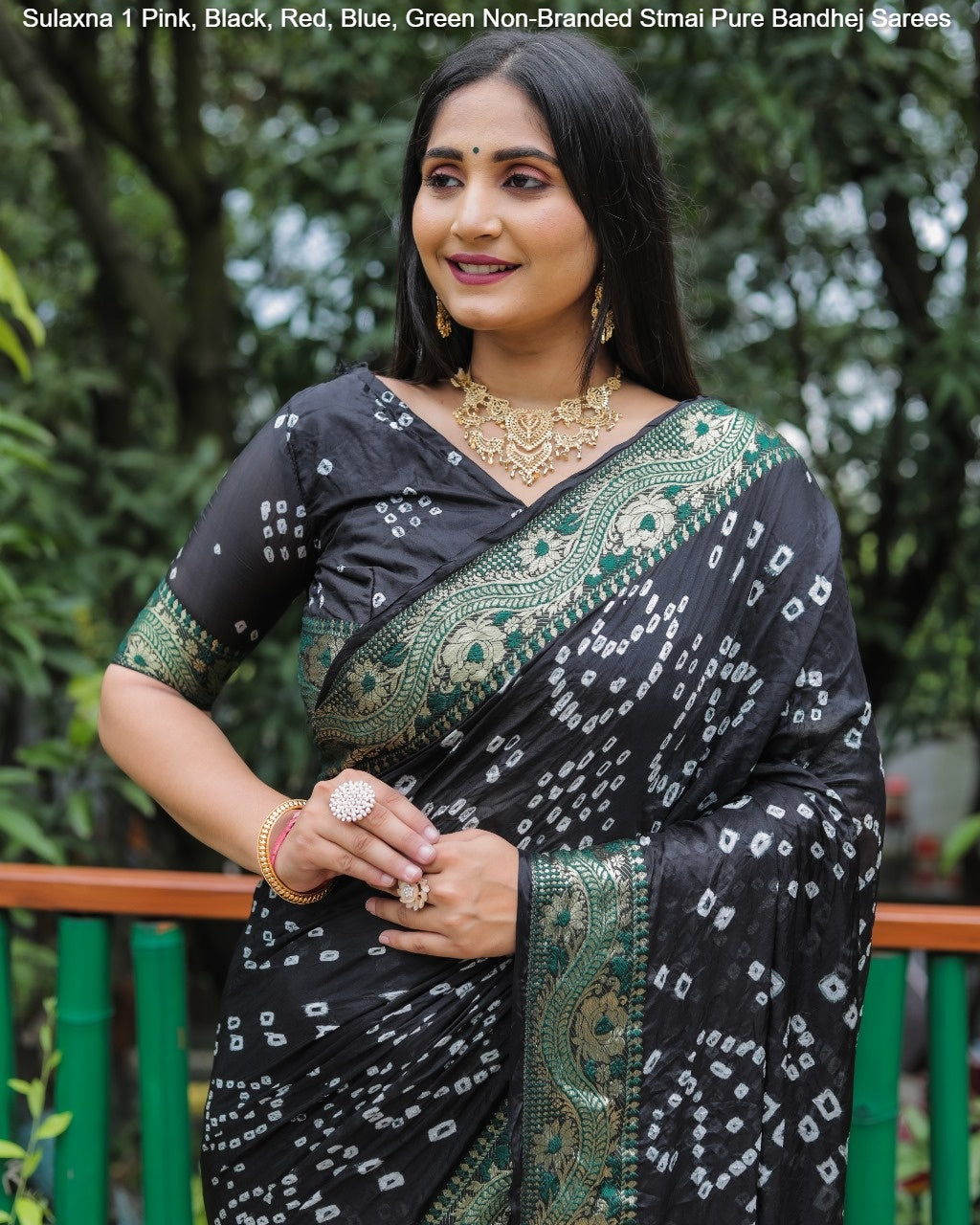 Sulaxna 1 Pink, Black, Red, Blue, Green Non-Branded Stmai Pure Bandhej Sarees