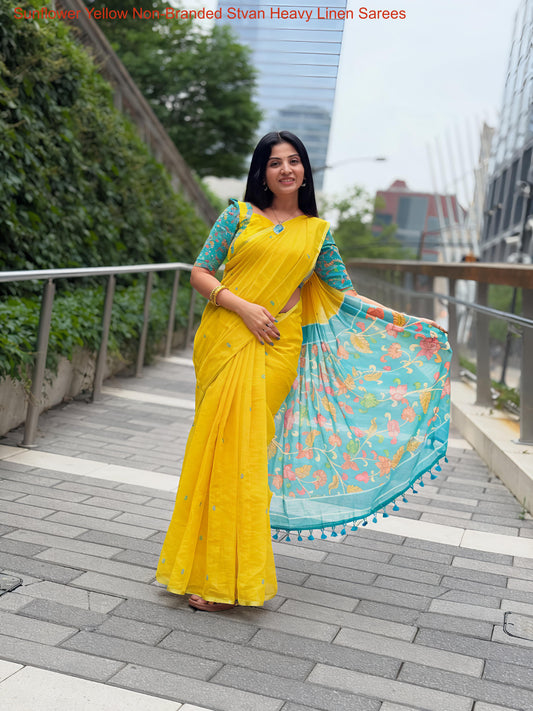Sunflower Yellow Non-Branded Stvan Heavy Linen Sarees