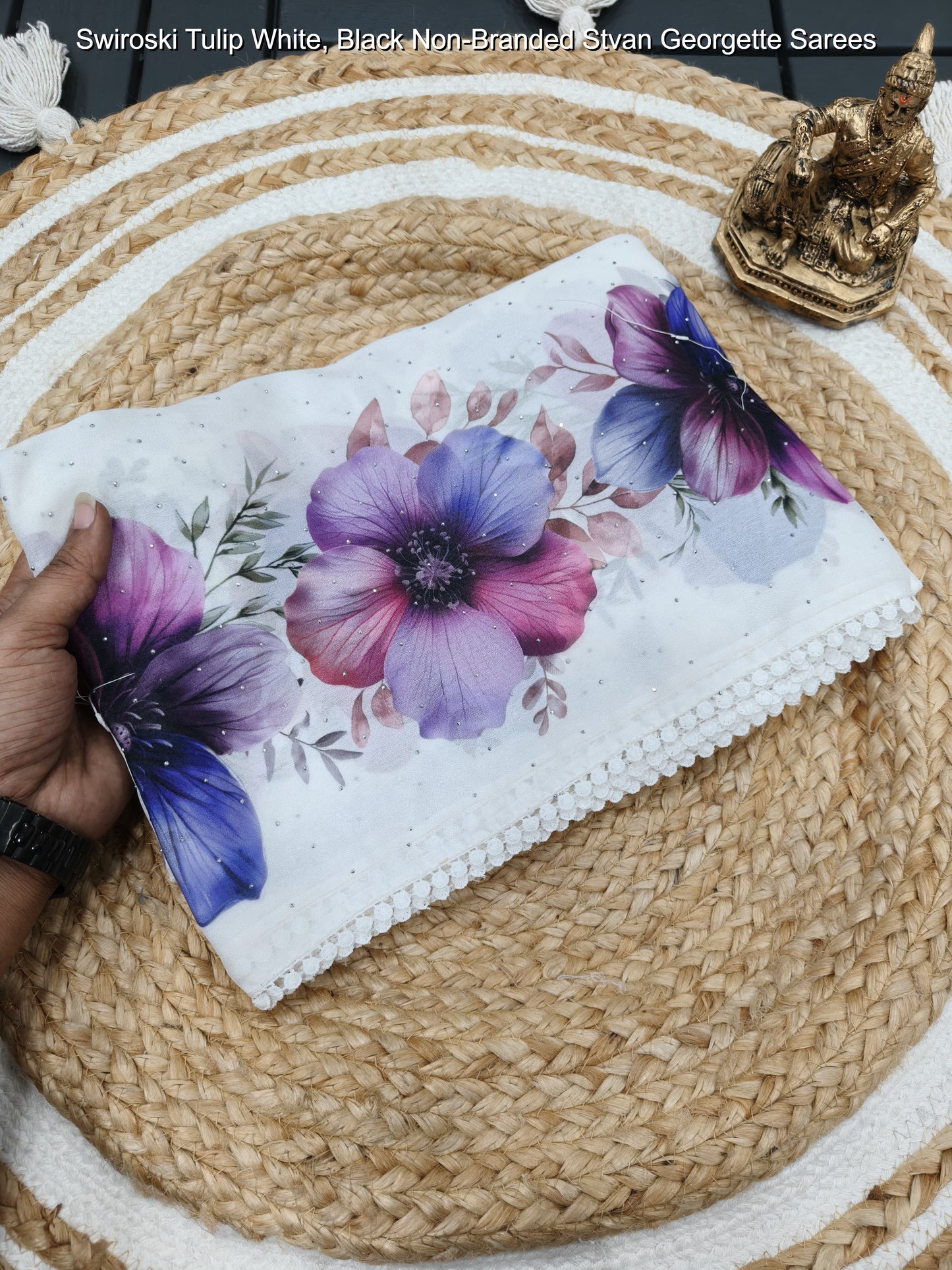 Swiroski Tulip White, Black Non-Branded Stvan Georgette Sarees