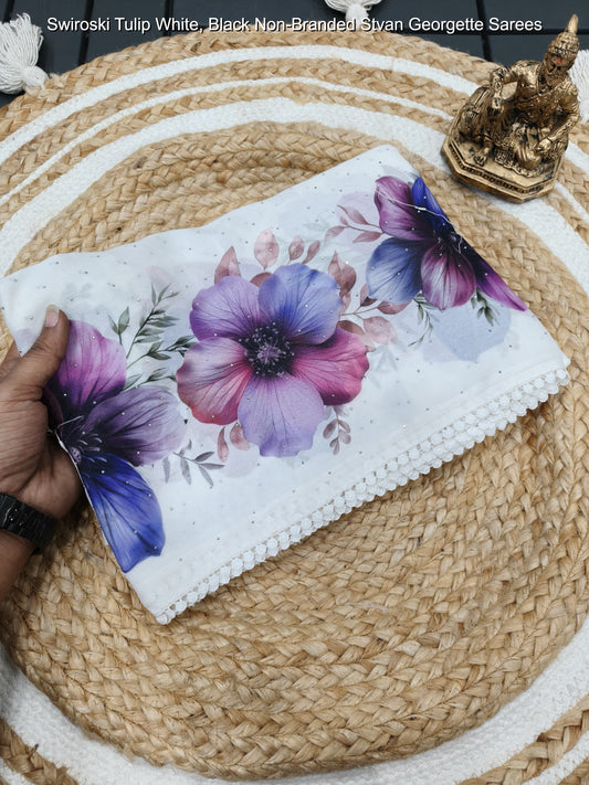 Swiroski Tulip White, Black Non-Branded Stvan Georgette Sarees