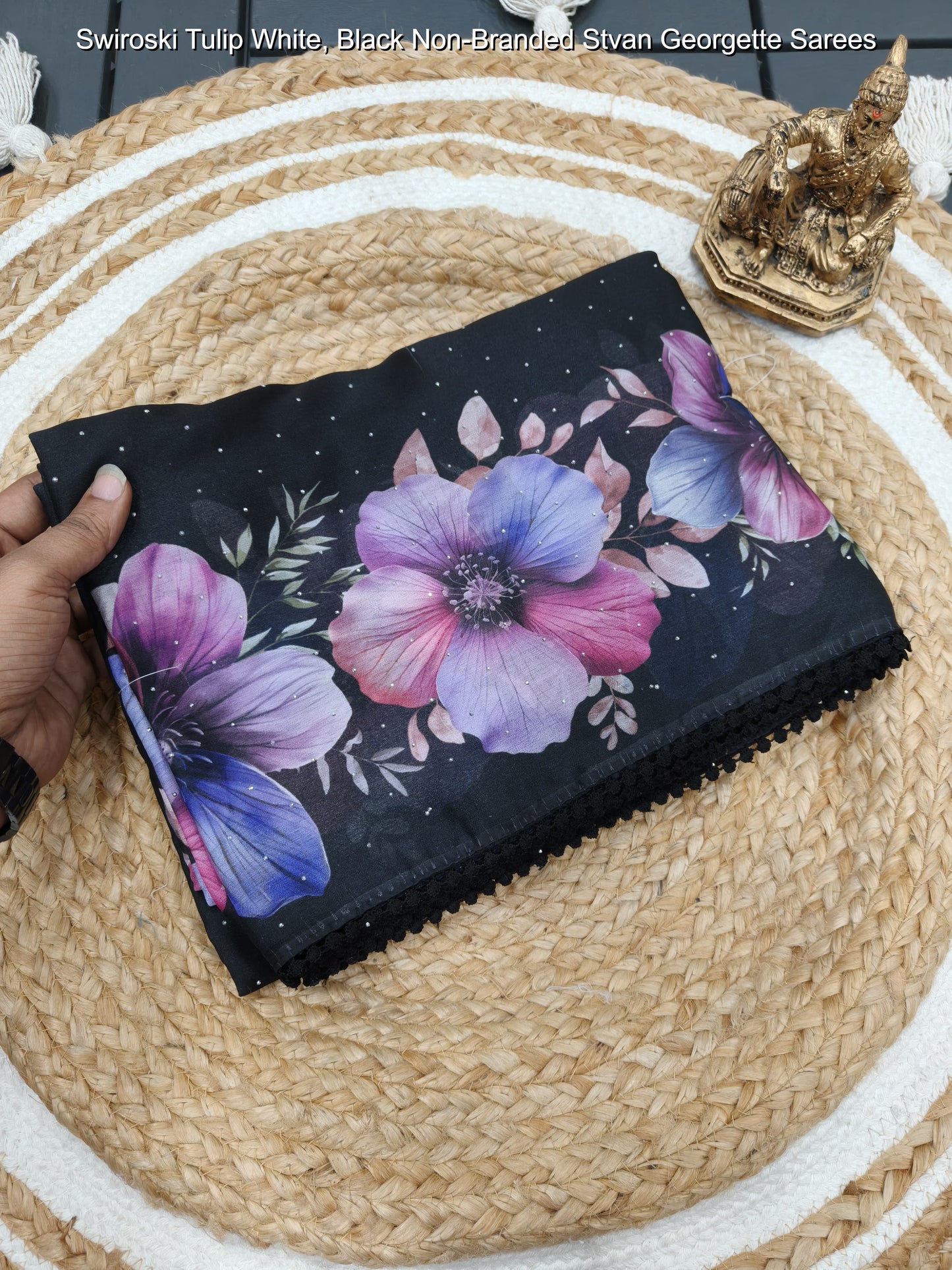 Swiroski Tulip White, Black Non-Branded Stvan Georgette Sarees