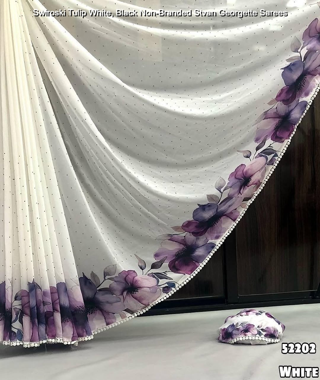 Swiroski Tulip White, Black Non-Branded Stvan Georgette Sarees