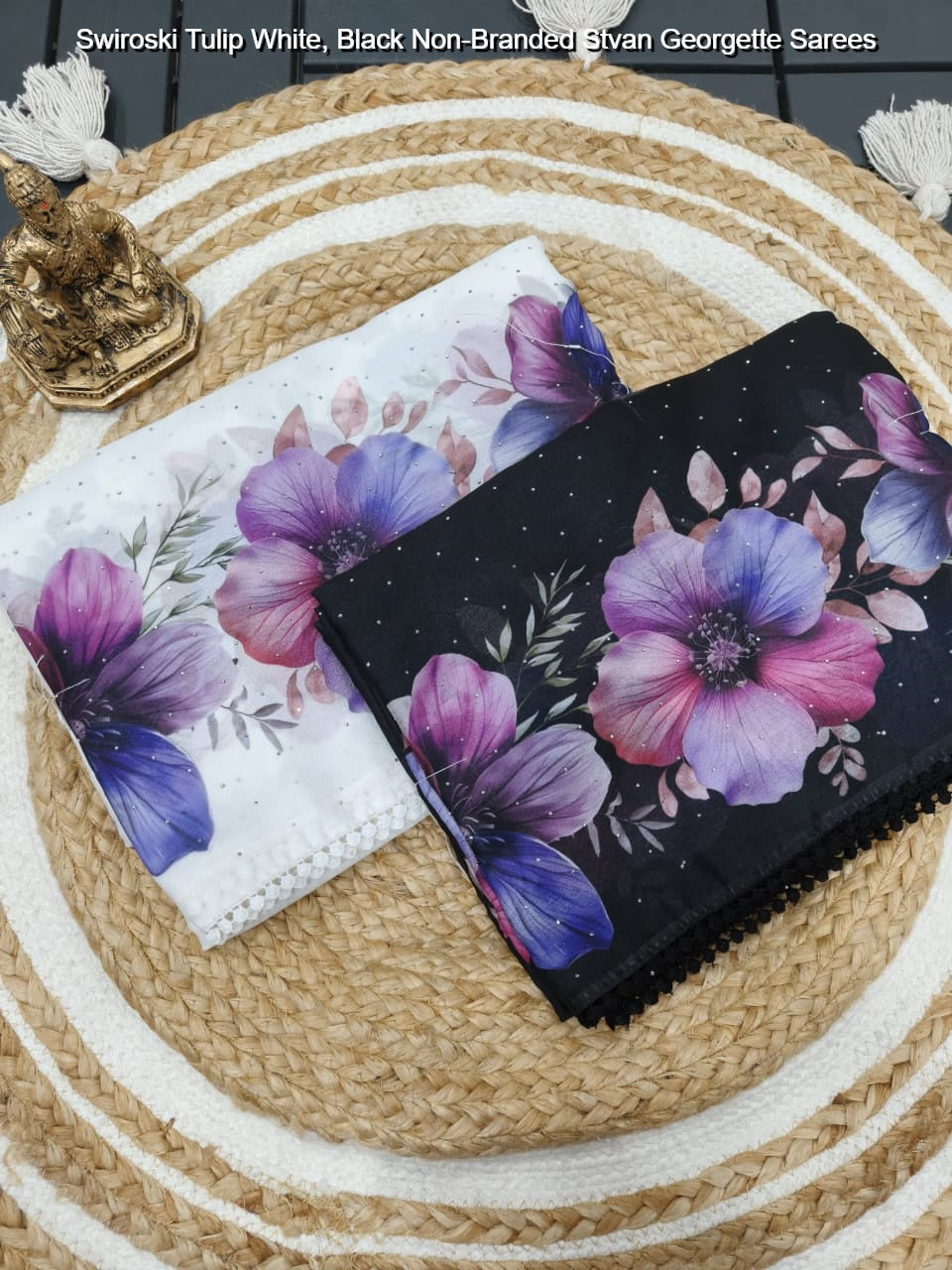 Swiroski Tulip White, Black Non-Branded Stvan Georgette Sarees