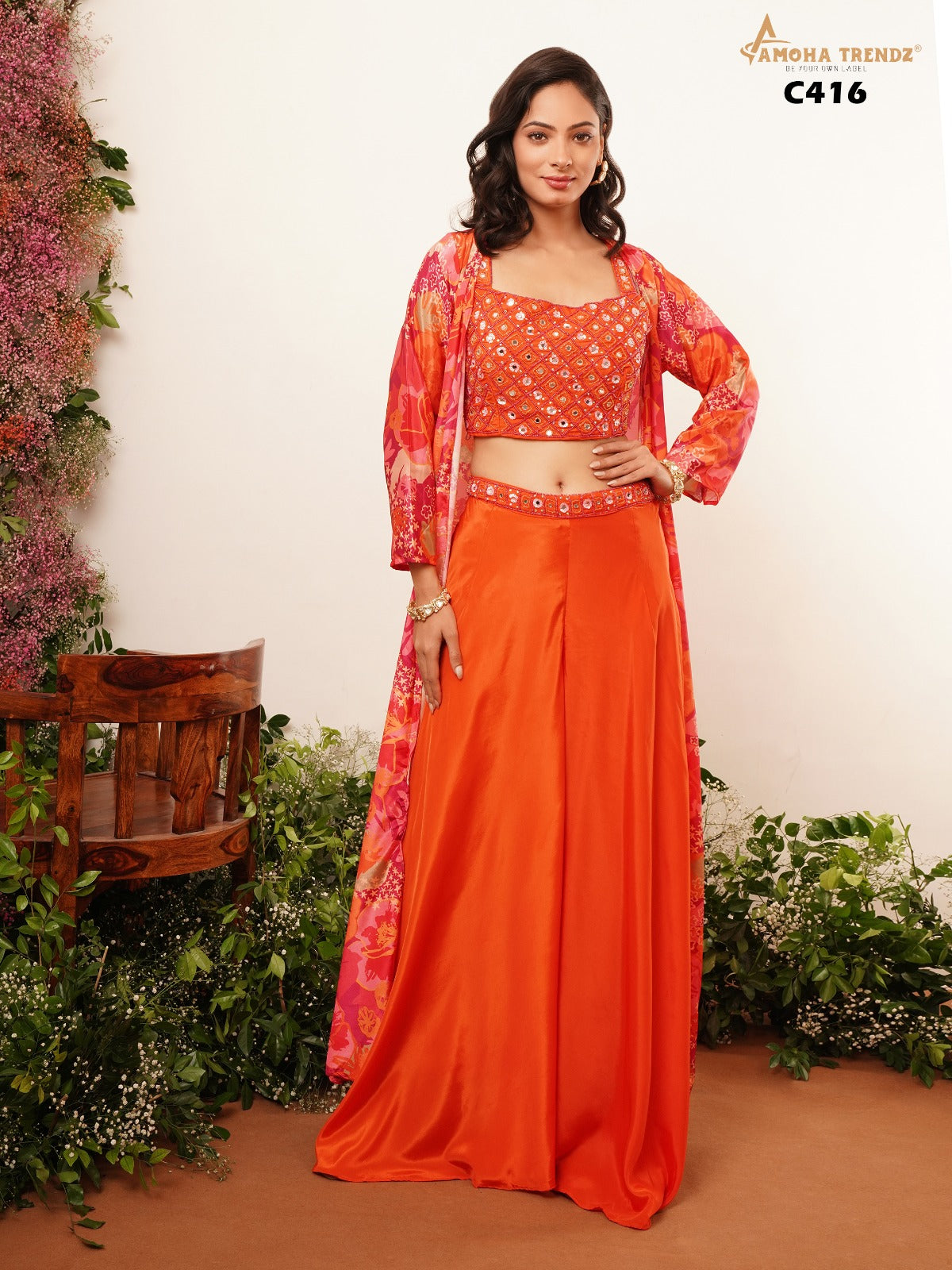 C416 Amoha Shrug Crop Top Plazzo Set