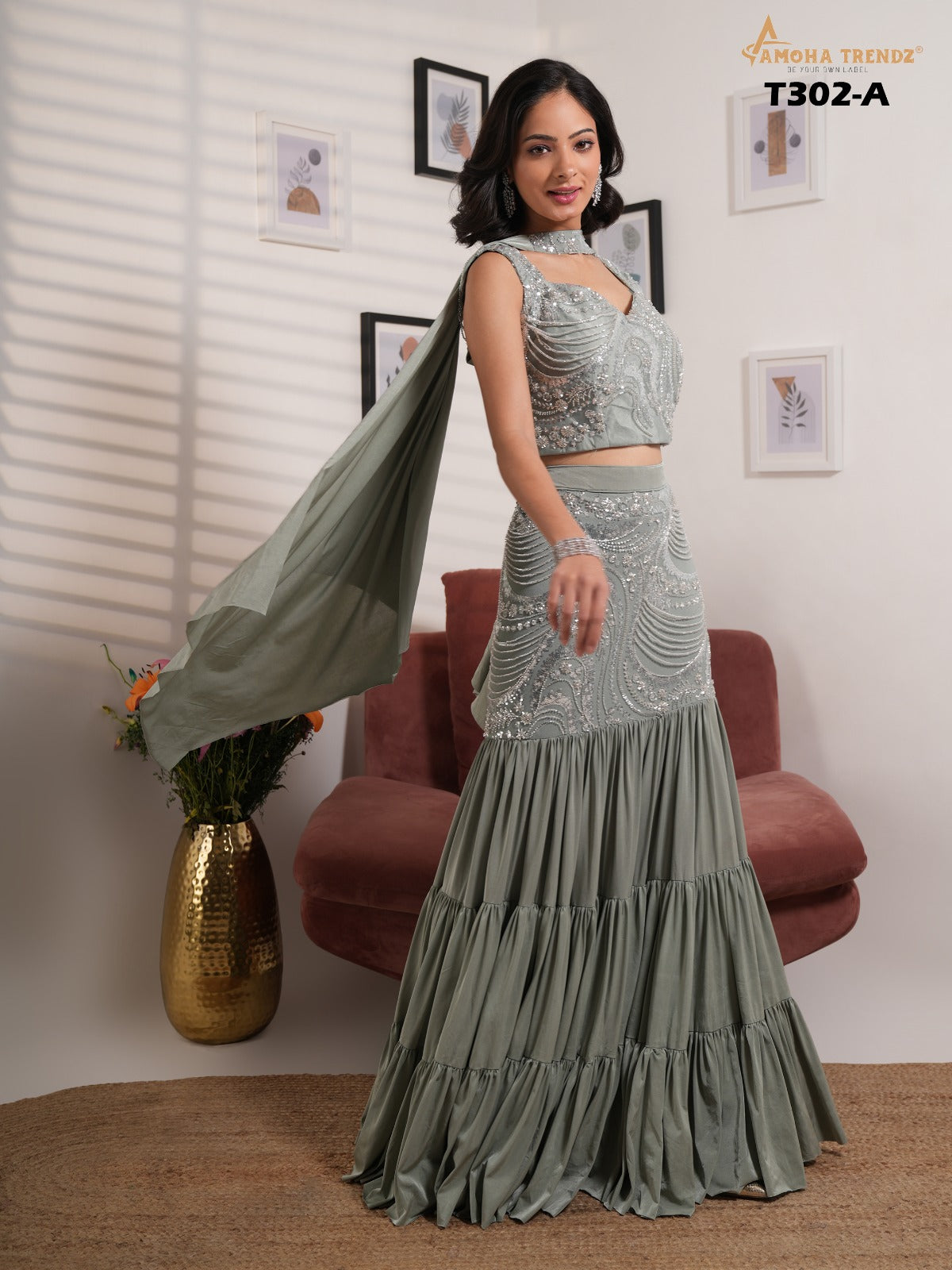 T302A Amoha Embroidery Crop Top Plazzo Set