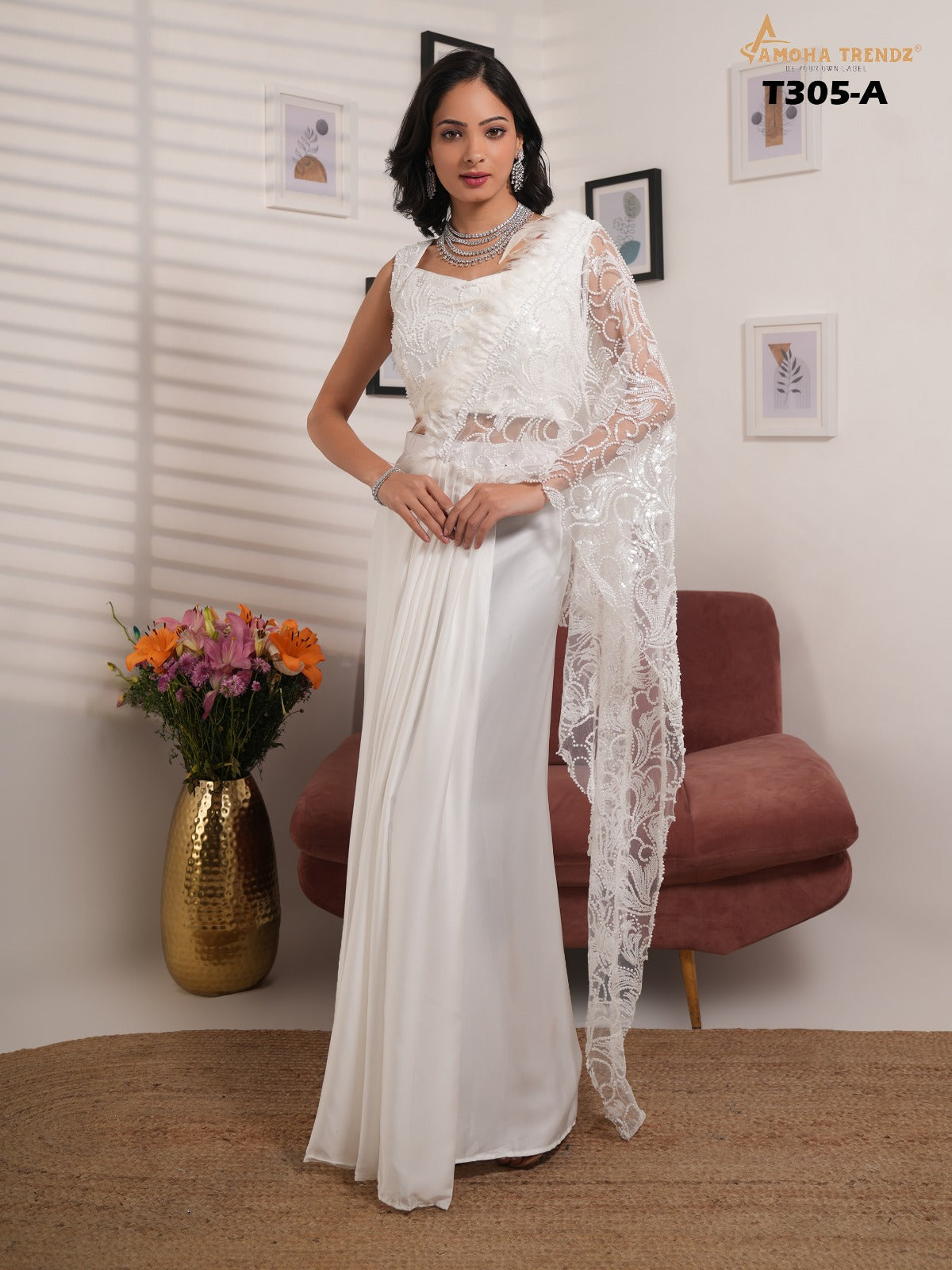 T305A White Amoha Satin Ready To Wear Saree