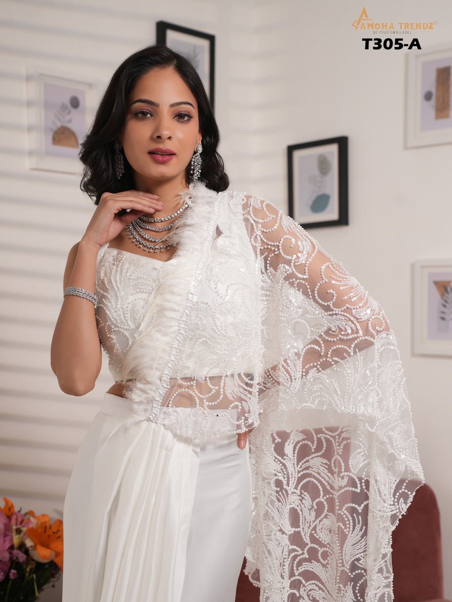T305A White Amoha Satin Ready To Wear Saree