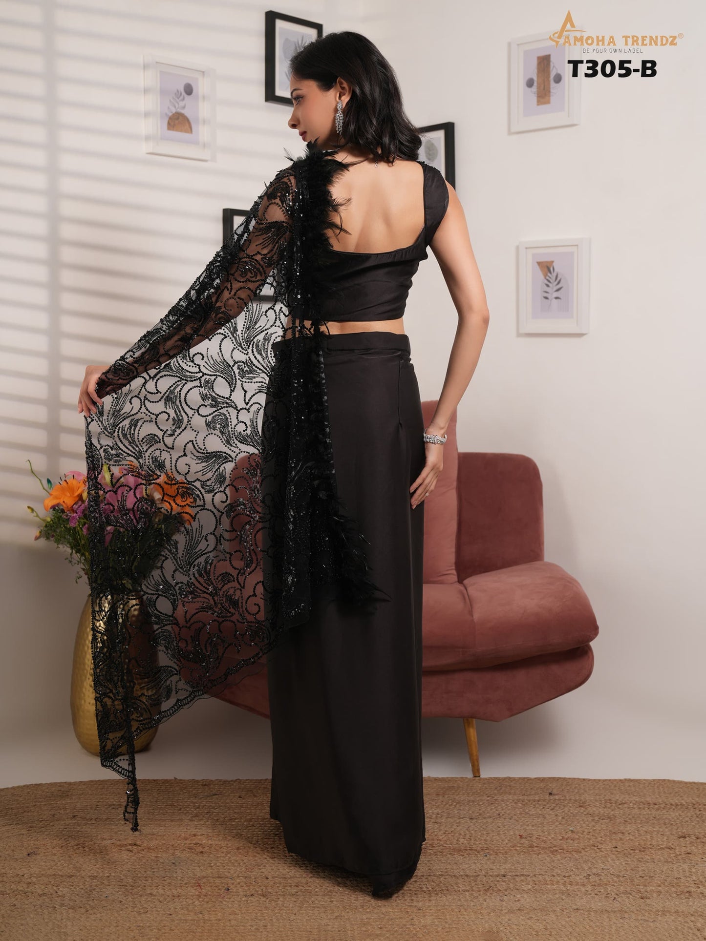 T305B Black Amoha Satin Ready To Wear Saree