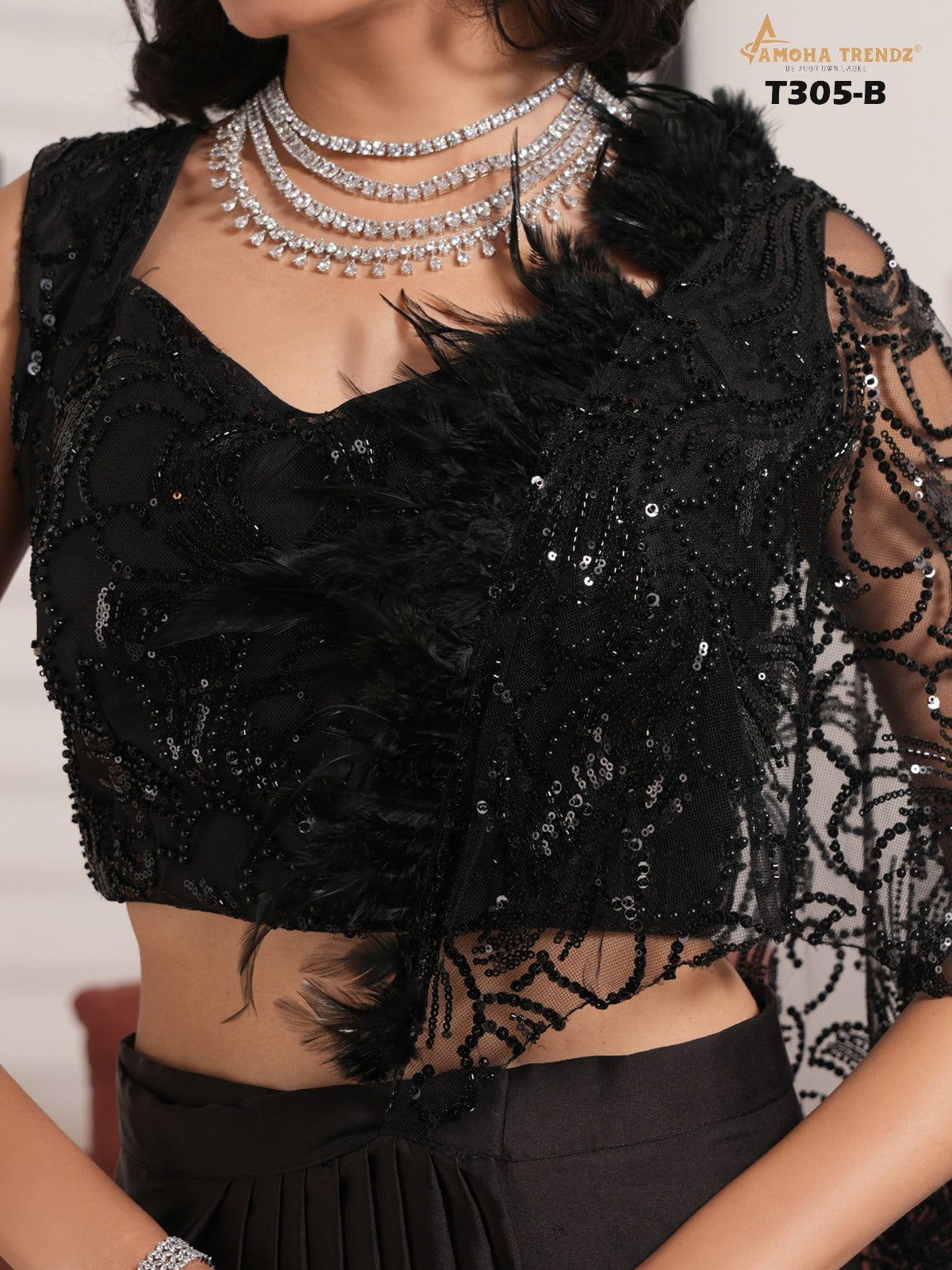 T305B Black Amoha Satin Ready To Wear Saree