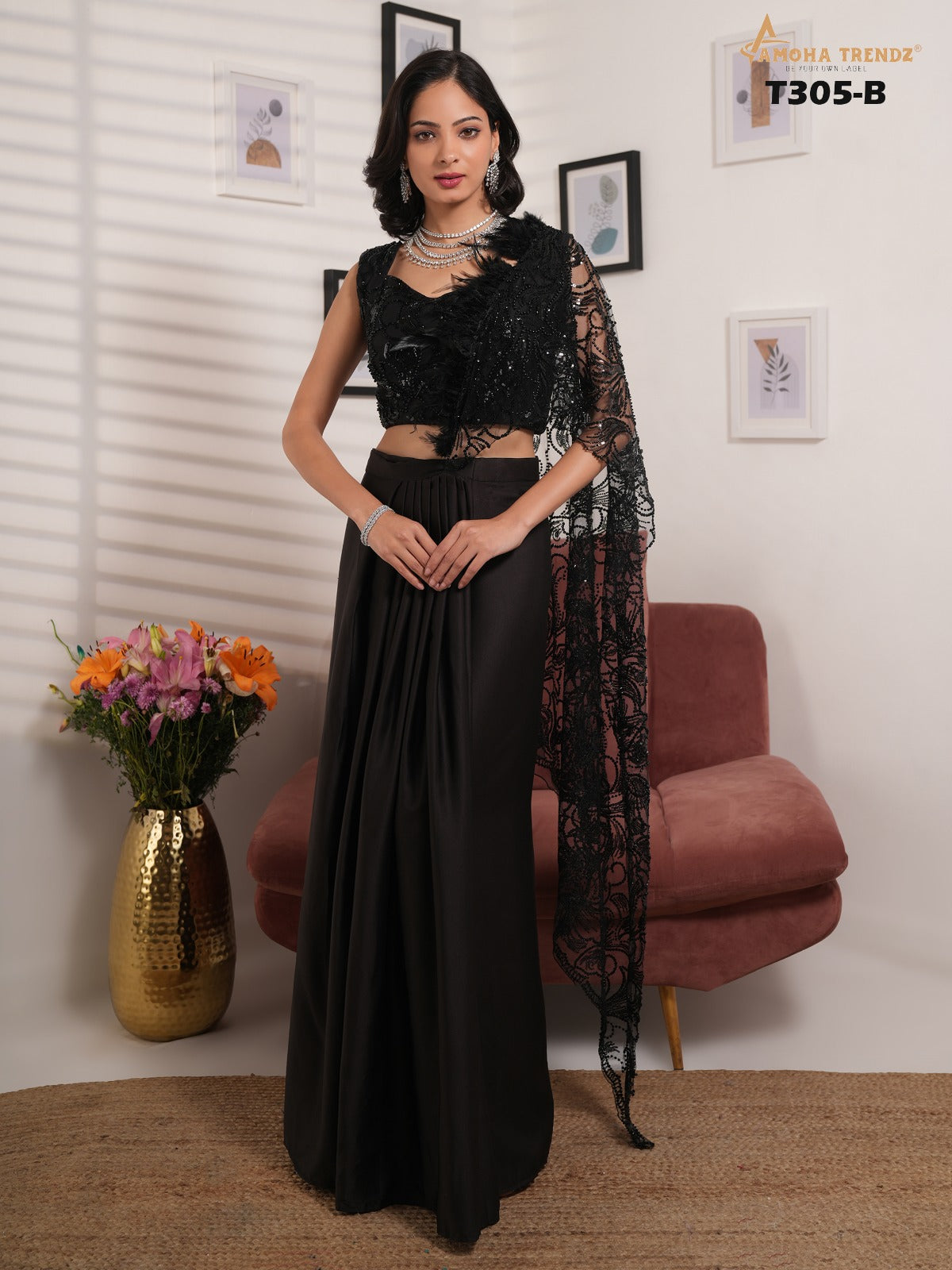 T305B Black Amoha Satin Ready To Wear Saree