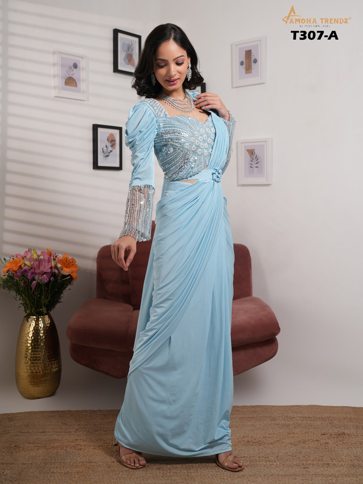 T307A Amoha Embroidery Ready To Wear Saree