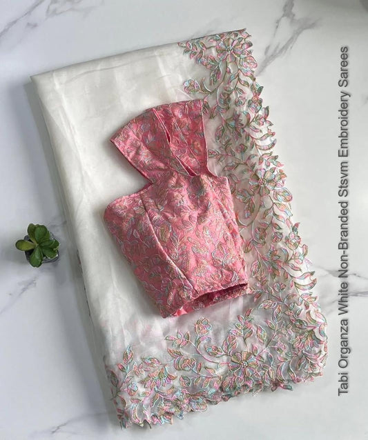 Tabi Organza White Non-Branded Stsvm Embroidery Sarees