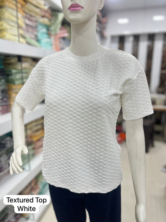 Textured White Bluehills Drop Shoulder Women Top