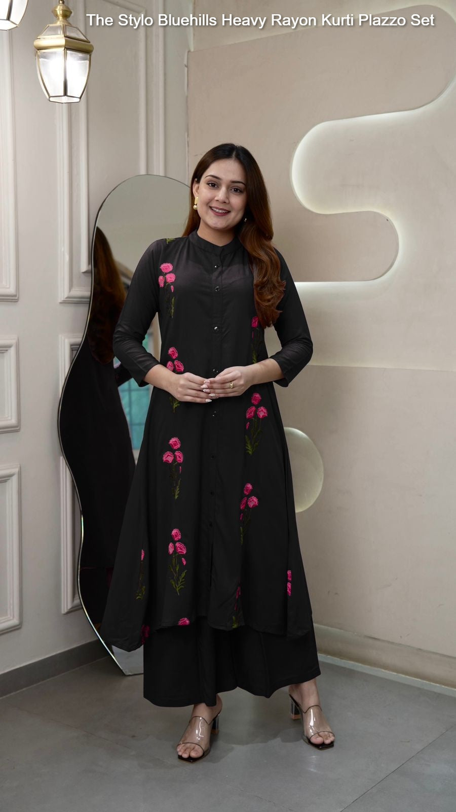 The Stylo Black Bluehills Heavy Rayon Kurti Plazzo Set