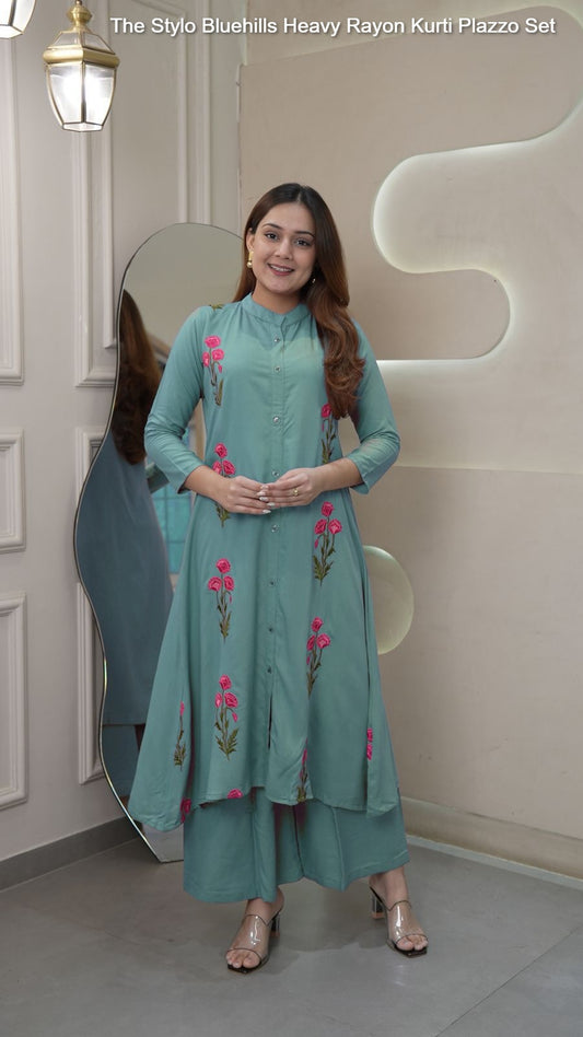 The Stylo Dusty Teal Bluehills Heavy Rayon Kurti Plazzo Set