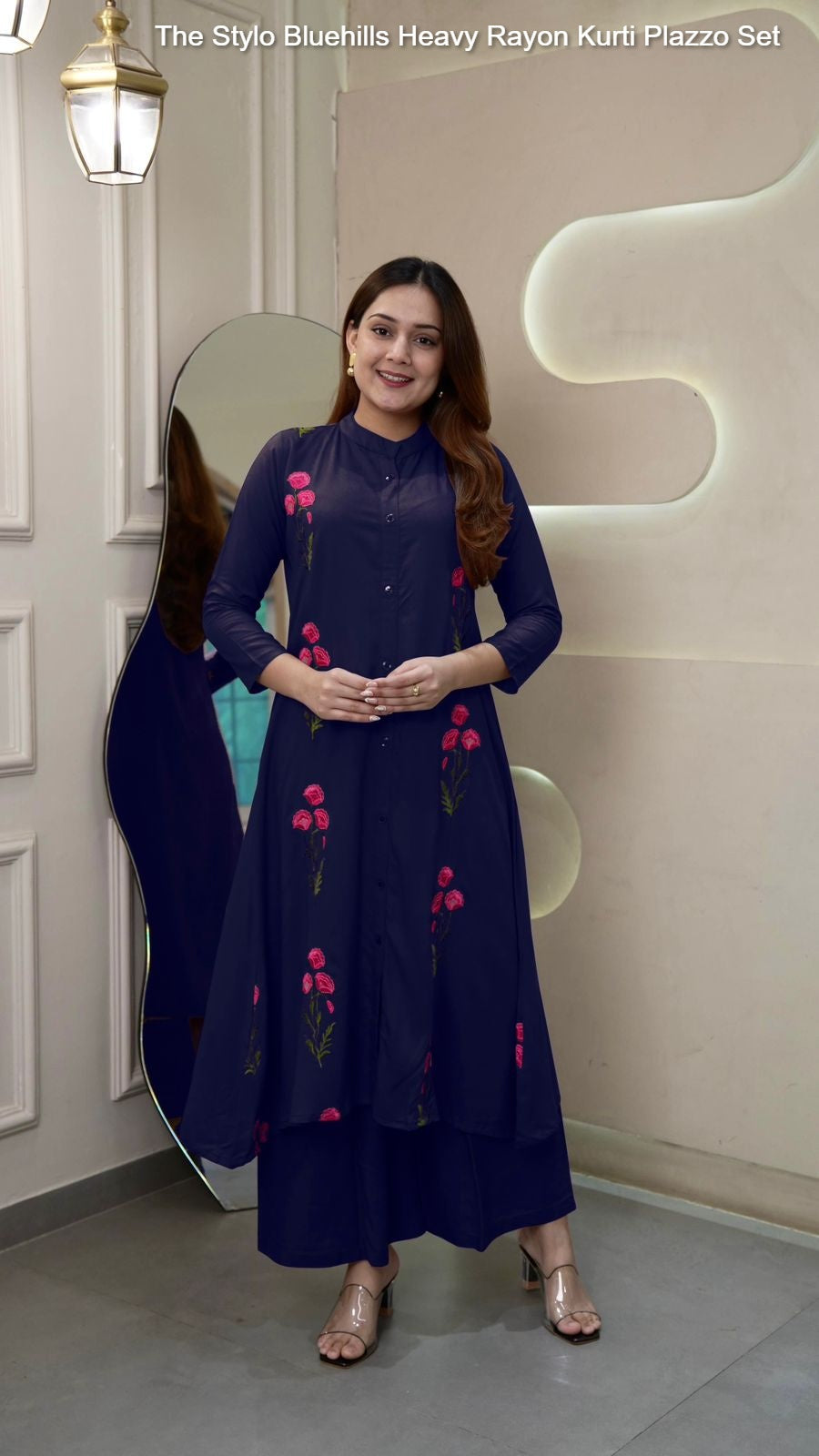 The Stylo Navy Blue Bluehills Heavy Rayon Kurti Plazzo Set