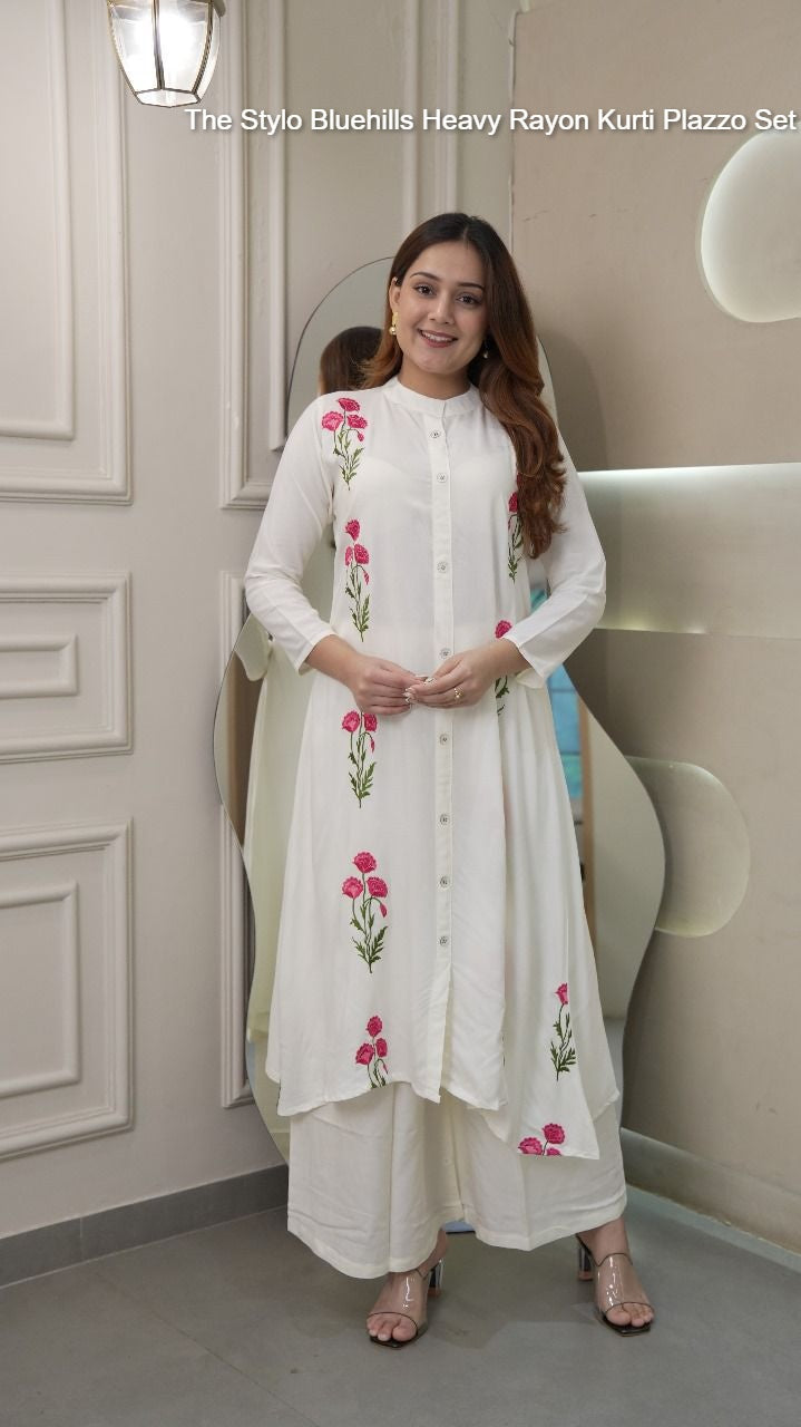 The Stylo Off White Bluehills Heavy Rayon Kurti Plazzo Set