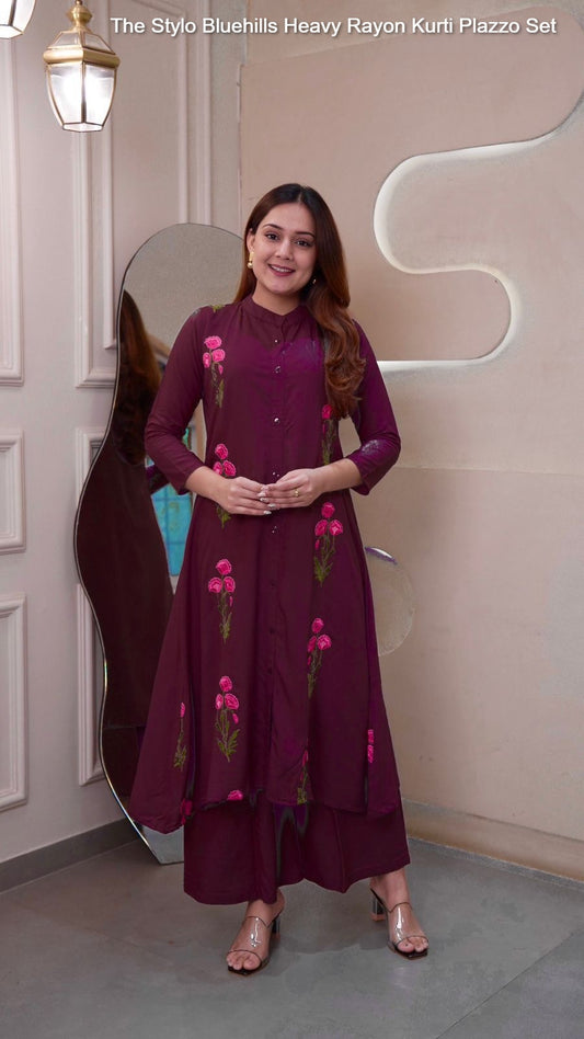 The Stylo Wine Bluehills Heavy Rayon Kurti Plazzo Set
