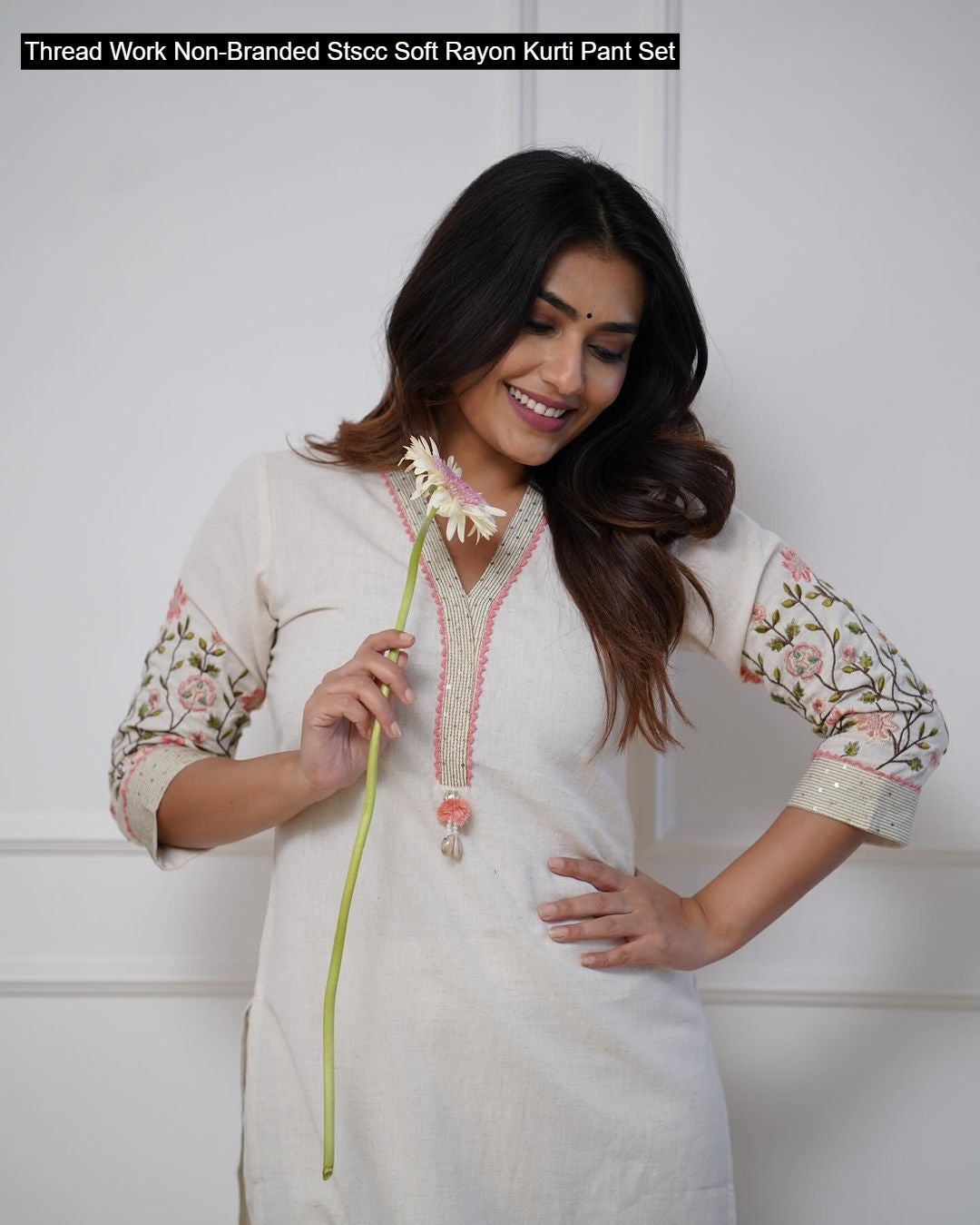 Thread Work Non-Branded Stscc Soft Rayon Kurti Pant Set