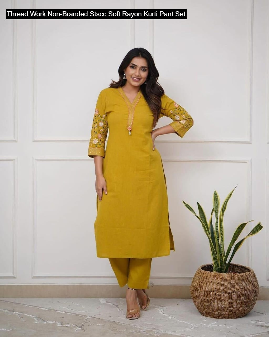 Thread Work Non-Branded Stscc Soft Rayon Kurti Pant Set