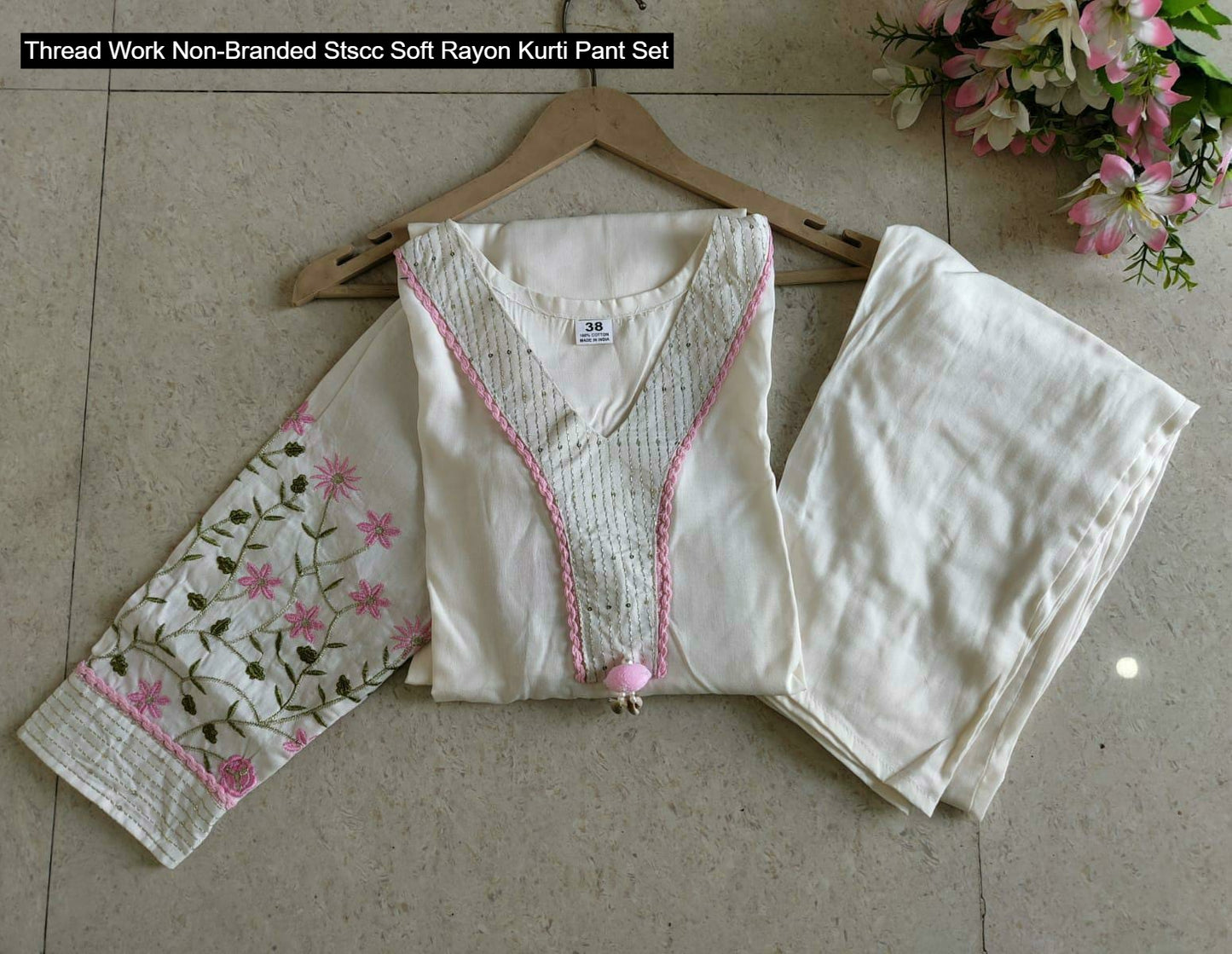 Thread Work Non-Branded Stscc Soft Rayon Kurti Pant Set