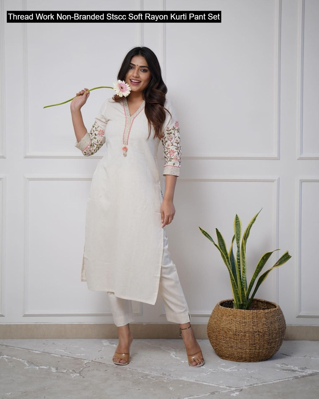 Thread Work Non-Branded Stscc Soft Rayon Kurti Pant Set