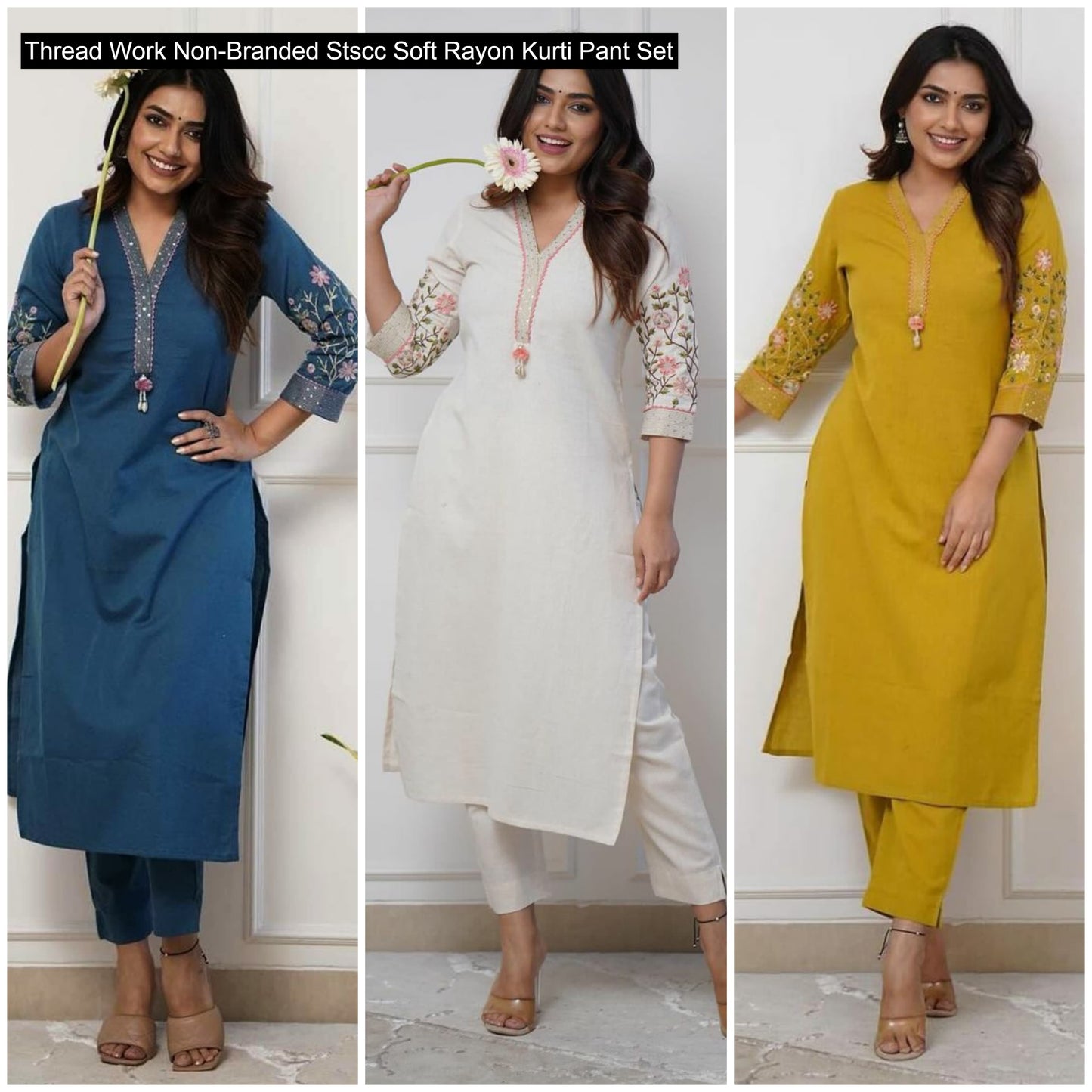 Thread Work Non-Branded Stscc Soft Rayon Kurti Pant Set