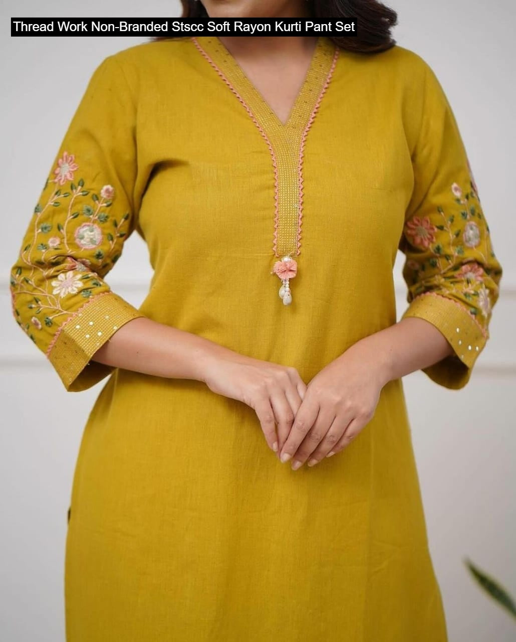 Thread Work Non-Branded Stscc Soft Rayon Kurti Pant Set