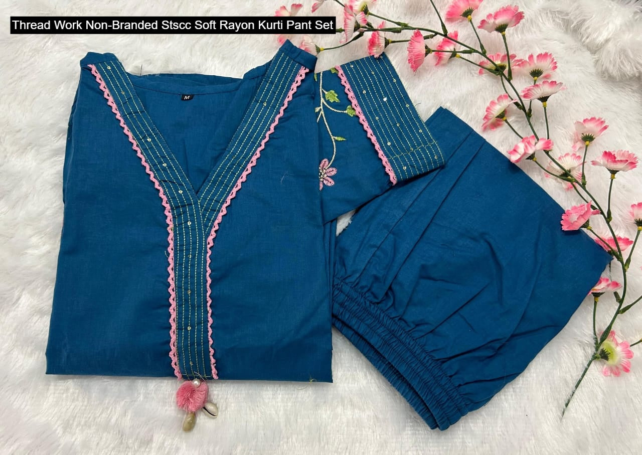 Thread Work Non-Branded Stscc Soft Rayon Kurti Pant Set