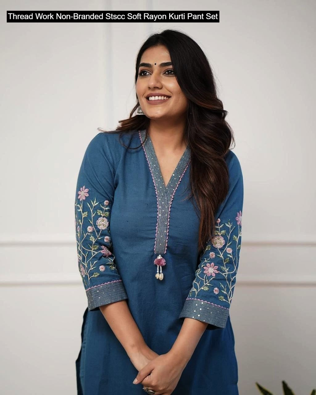 Thread Work Non-Branded Stscc Soft Rayon Kurti Pant Set