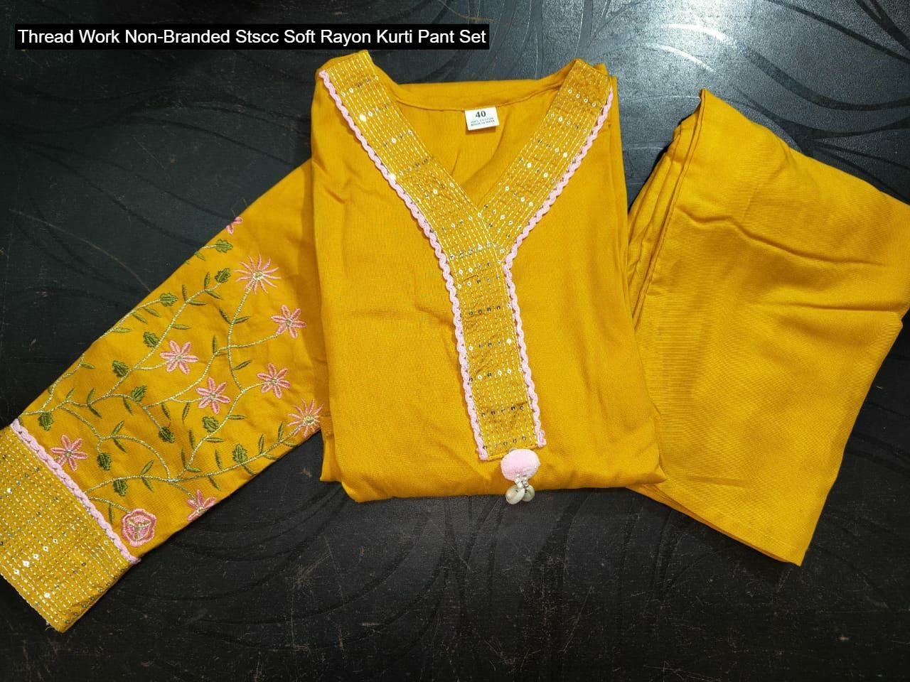 Thread Work Non-Branded Stscc Soft Rayon Kurti Pant Set