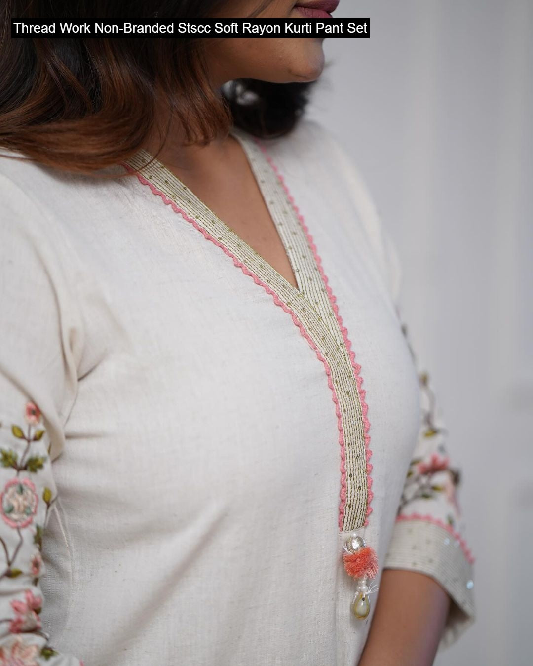 Thread Work Non-Branded Stscc Soft Rayon Kurti Pant Set