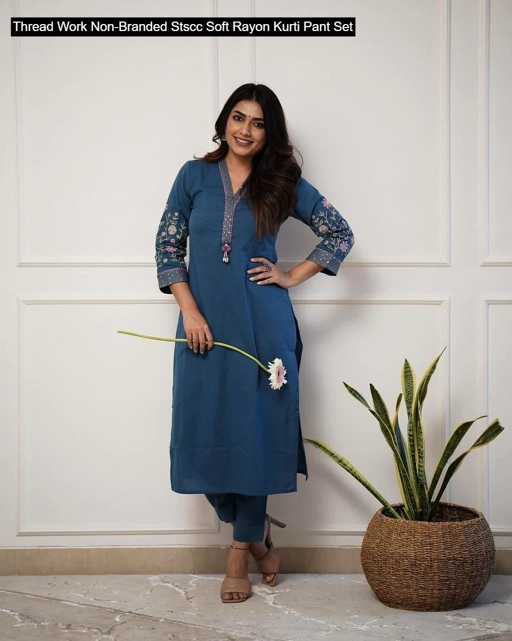 Thread Work Non-Branded Stscc Soft Rayon Kurti Pant Set