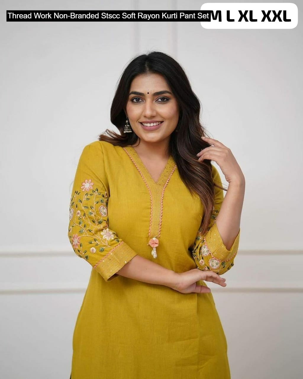 Thread Work Non-Branded Stscc Soft Rayon Kurti Pant Set