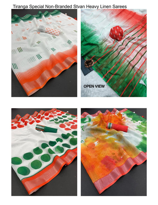 Tiranga Special Non-Branded Stvan Heavy Linen Sarees